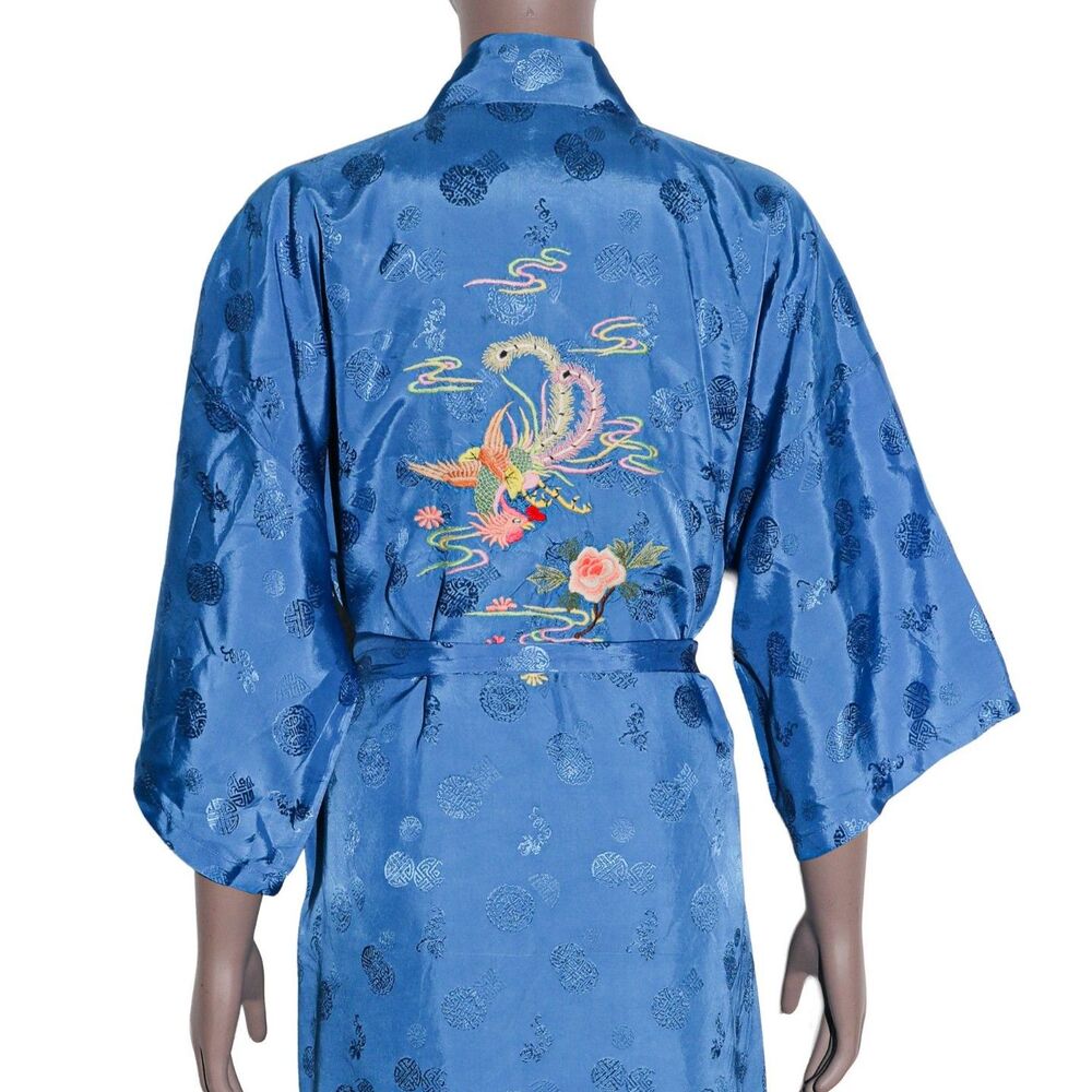 Vintage Embroidered Kimono Robe Floral Tie Waist Boho Loungewear‎